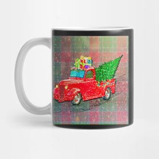 Christmas Plaid Graphic with Red Truck hauling Wrapped Presents in the Snow Cute Farmhouse Home Décor Gift Mug